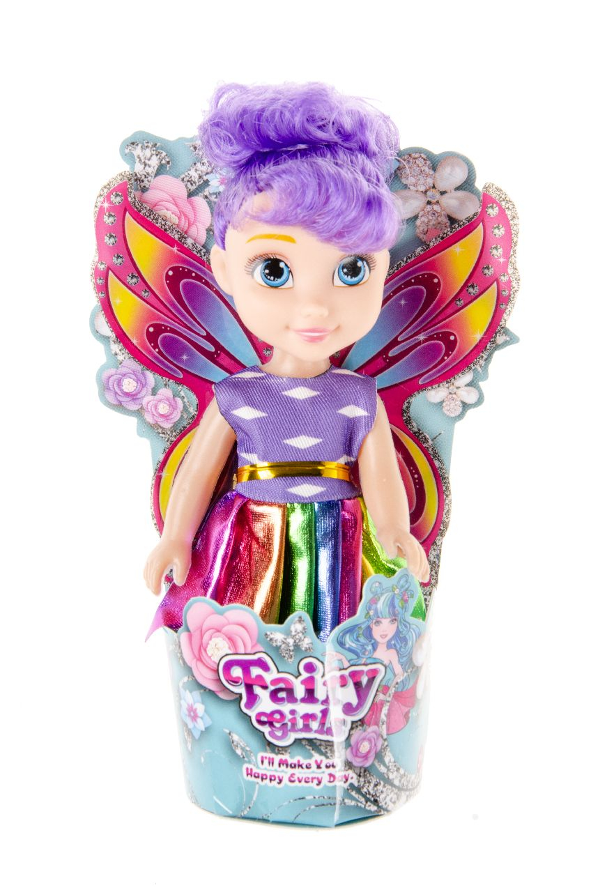 Feenpuppe, lila Haare, Schmetterlingsflügel, glitzerndes Kleid, bunter Rock