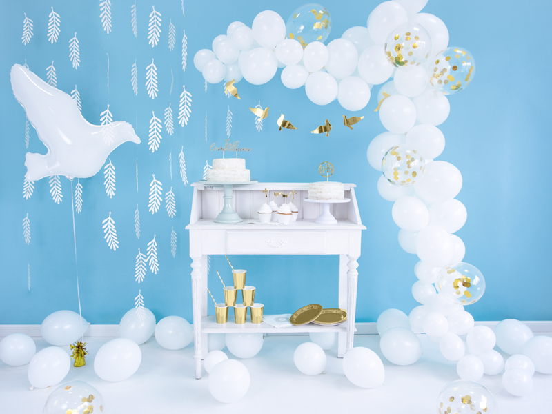 balloons, party decor, cake stand, white décor, balloon arch