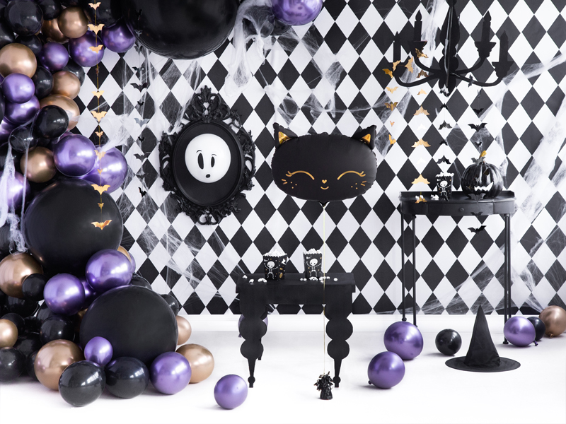 Kostümdeko, Halloween-Deko, Schwarze Ballons, Schwarzes Katzenkissen, Harlequin-Wandmuster