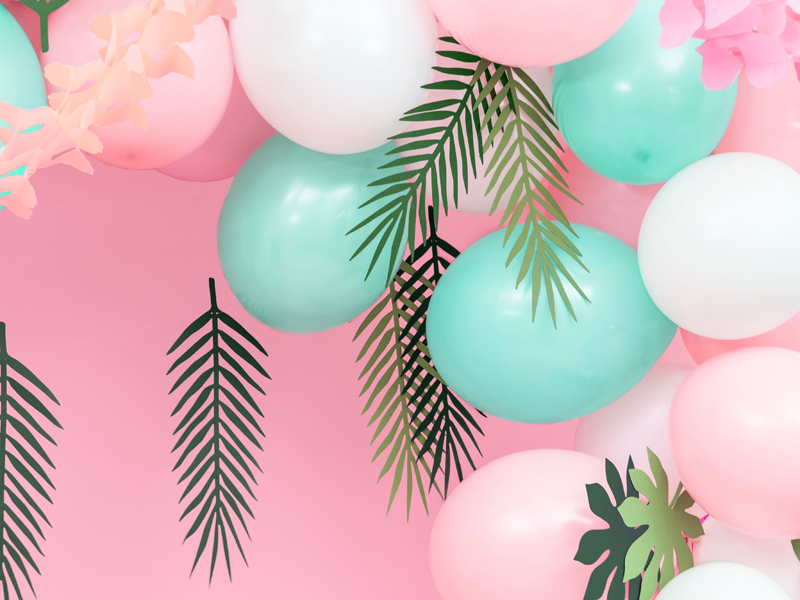 Ballons, Pastellfarben, Dekoration, Pappelzweige, Blattwerk