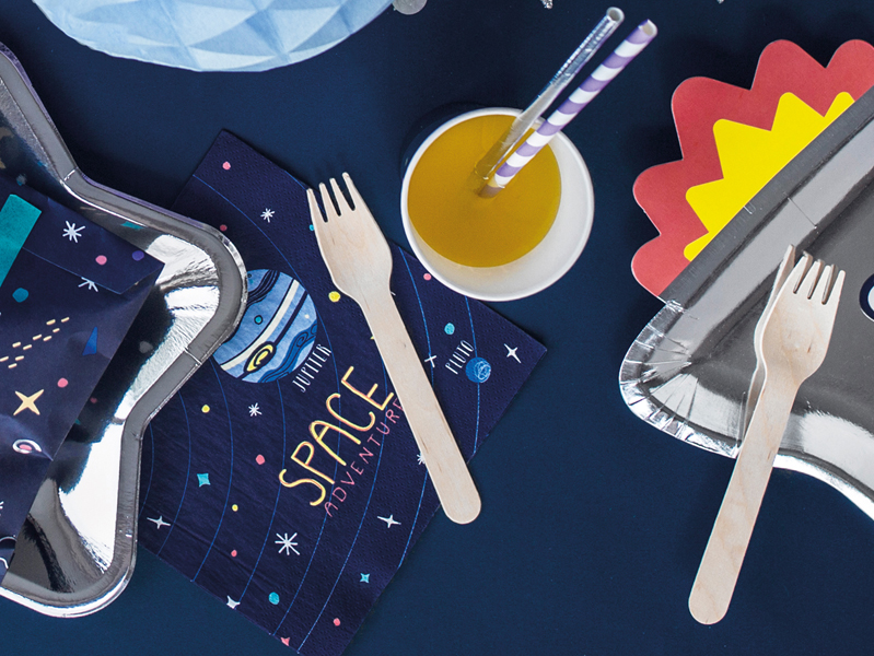 space, party, napkin, cup, cutlery