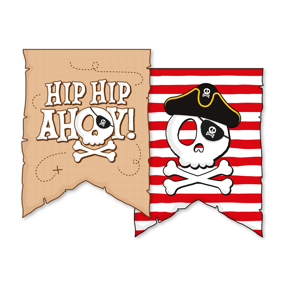 Piratenbanner, Schädel-Flagge, Kreuzknochen, Piratenhut, Streifenbanner