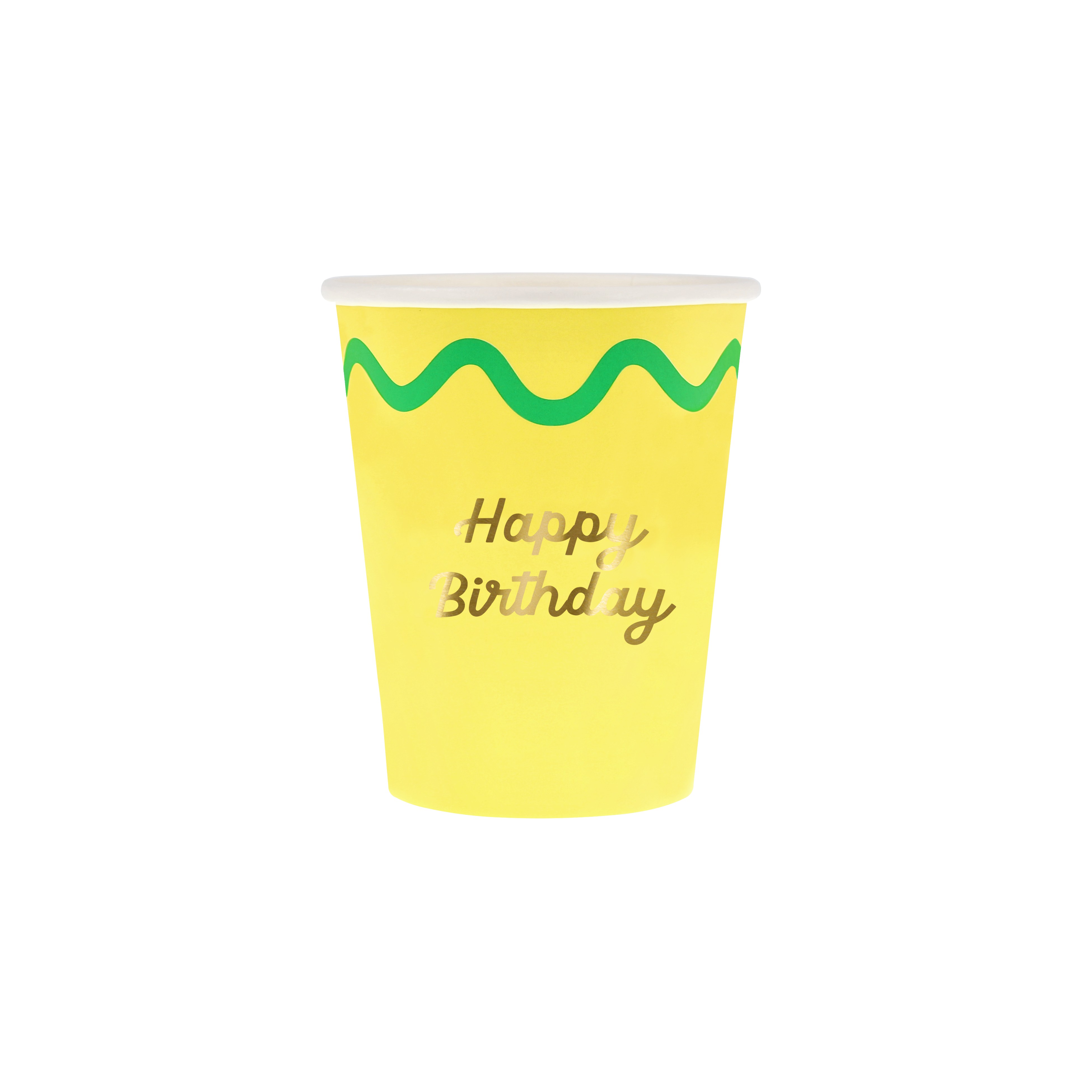 Birthday-Tasse, Gelbe Tasse, Goldene Schrift, Grüne Welle, Einwegbecher
