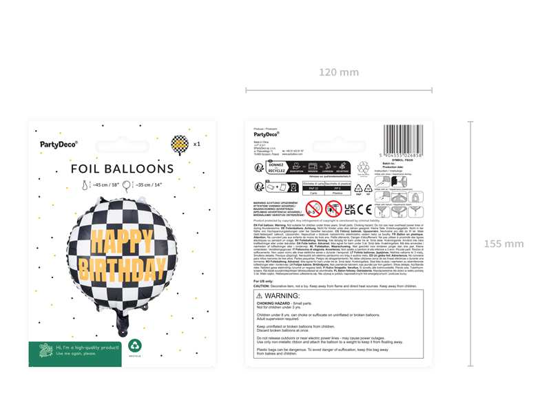 Folienballon, Birthday-Ballon, Schachbrettmuster, Schwarz-Weiß, Party-Dekoration