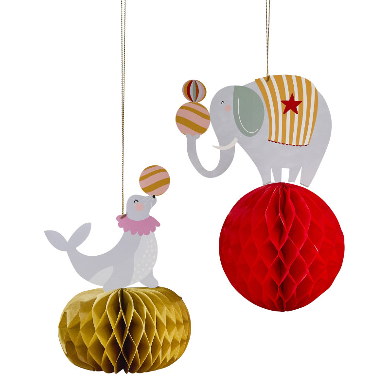 Décoration à suspendre Balles en nid d'abeille Drôle de cirque, 2 pcs.