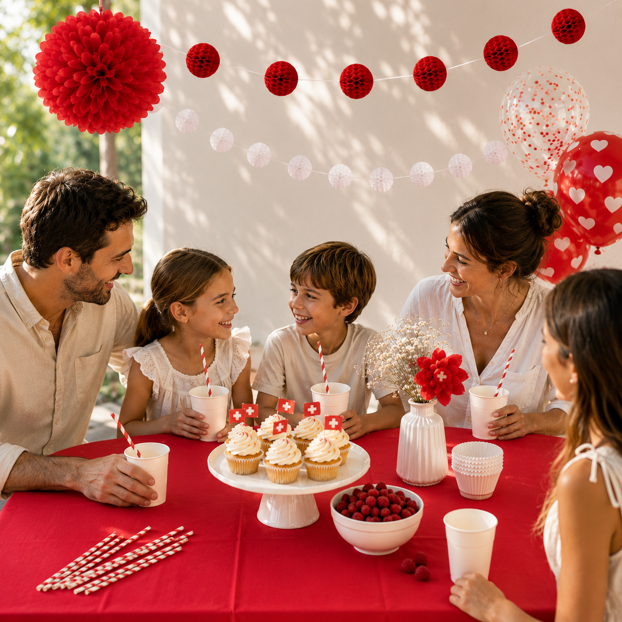 party, kinder, cupcakes, rote-deko, ballons