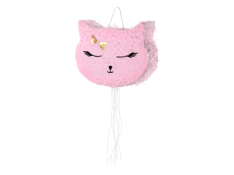 pink piñata, katzengesicht, papier, hängelaterne, kinderfeier