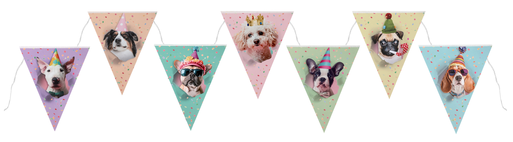 Hundegirlande, Party-Flaggen, Bonbonfarben, Konfetti, Hunde-Porträts