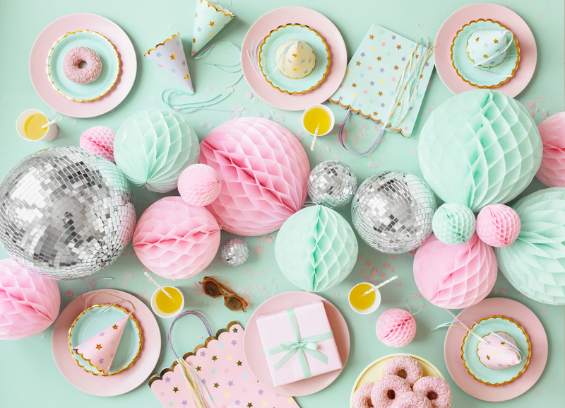 party dekor, pink pastell, Disco-Kugel, Konfetti, Geschenkbox