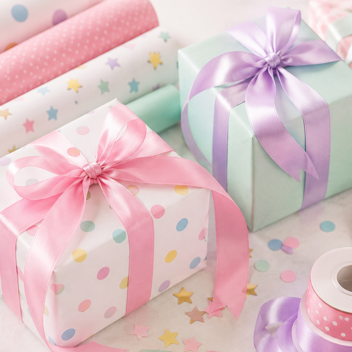 Geschenkbox,  Geschenkverpackung, Pastellfarben, Samtband, Muster: Punkte und Sterne