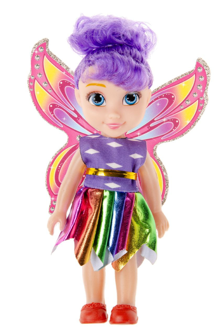 Feenpuppe, lila Haare, Feenflügel, Regenbogenkleid, Puppe mit Glitzer