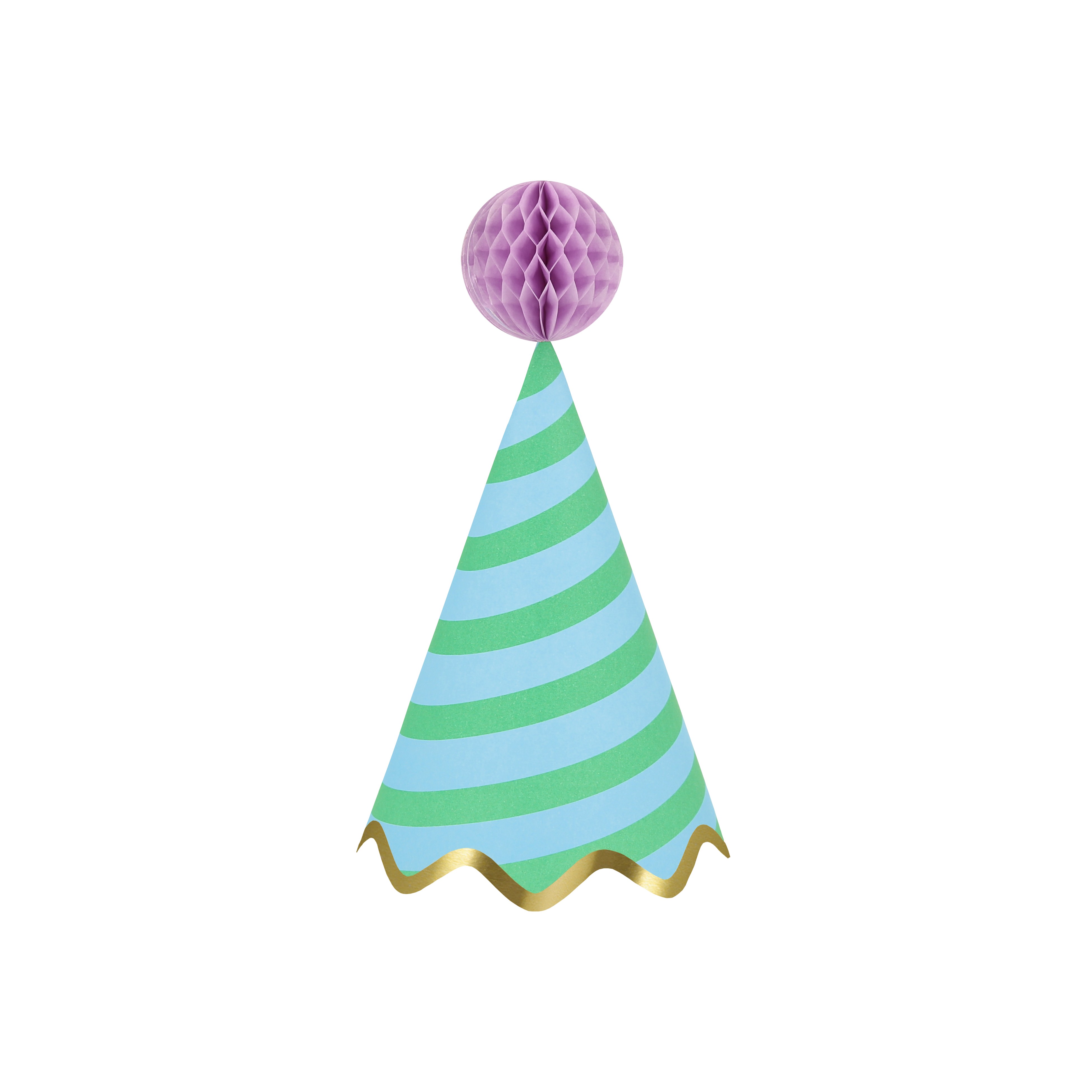 Partyhut, Kegelhut, gestreift, lila Kugel, goldener Rand