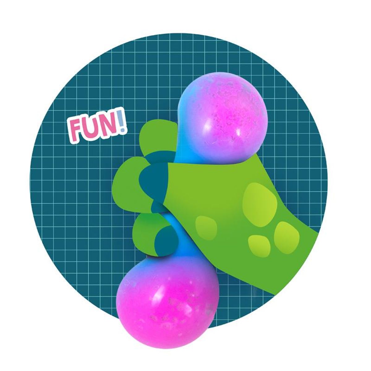 bubble toy, glow balls, green glove, pink purple spheres, fun sticker