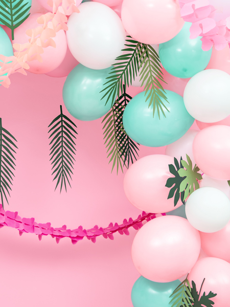 balloons, pink background, decorations, mint balloons, green leaves