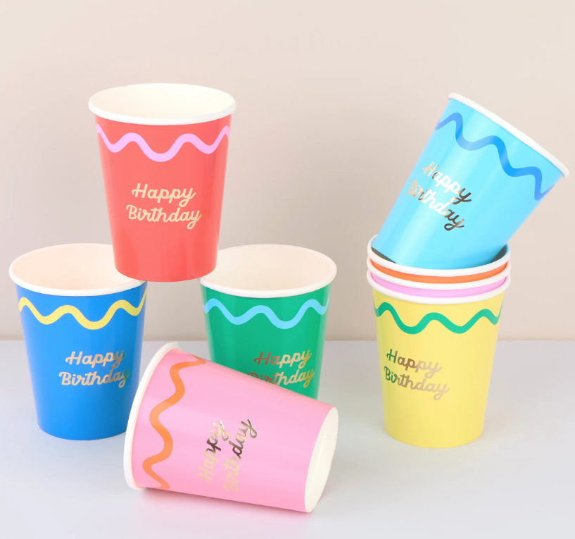 Birthday cups, Pappbecher, Bunte Becher, Happy Birthday, Partyzubehör