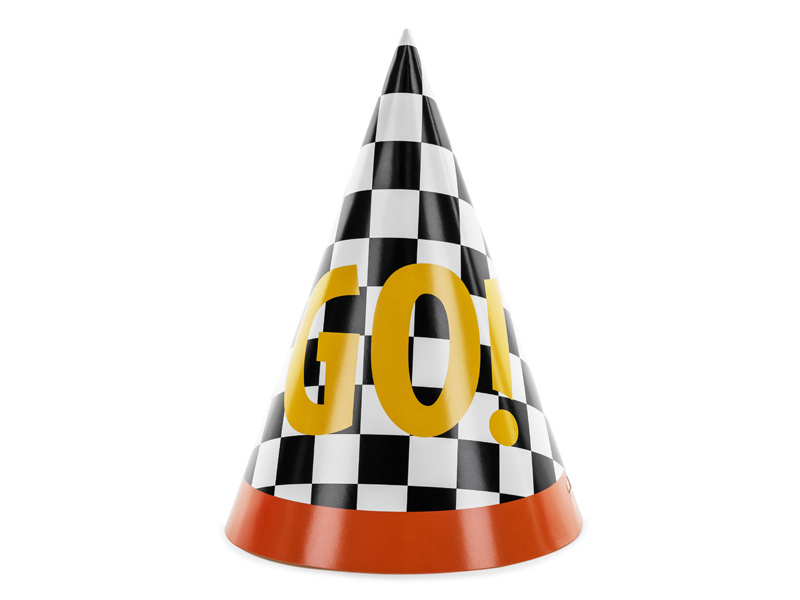 party hat, conical hat, checkered pattern, black white, yellow GO