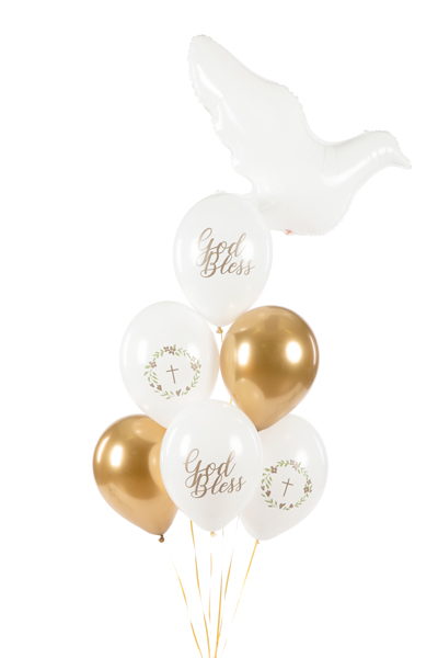 balloons, gold balloons, foil balloons, white balloons, bird-shaped balloon