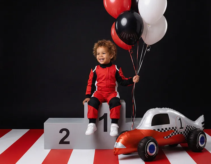Kinder, Overalls, Rennanzug, Schwarz, Rot, Ballons