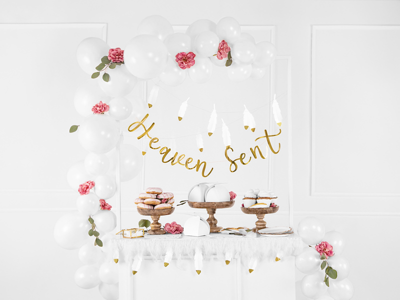 Balloon Garland, Candy table, White decor, Cake stand, Dessert table