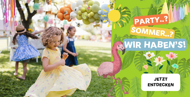 Kind, Mädchen, Party, Ballons, Flamingo, Garten, Kleid, festlich, Sommer, Deko