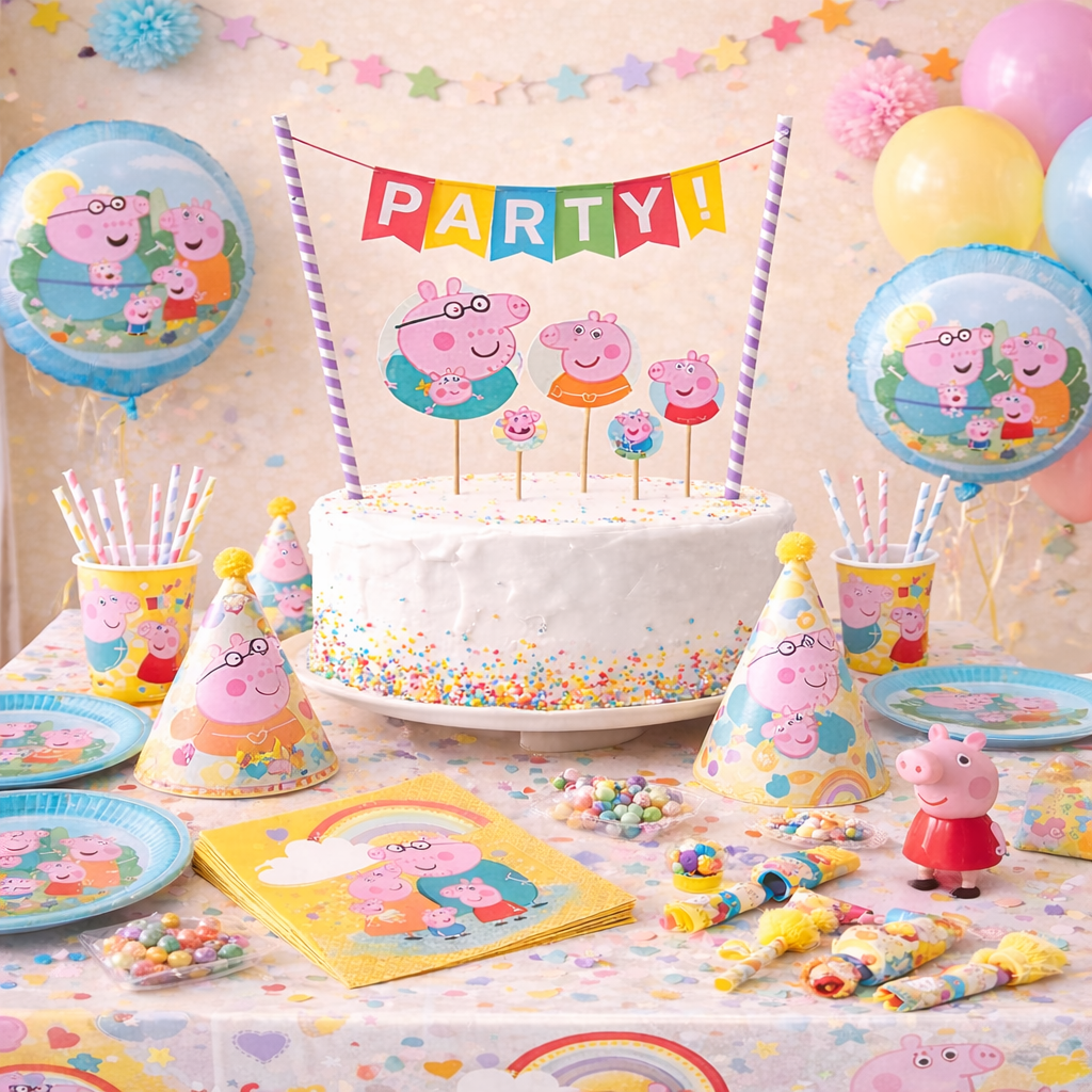Peppa-Pig-Partyset, Geburtstagsdekoration, Pappteller, Pappbecher, Partymotive