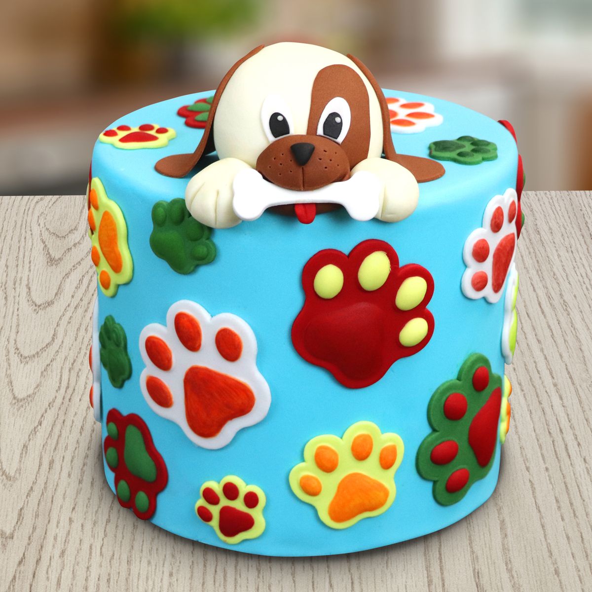 fondant, hund cake, tierisch, bunte paw prints, sugarpaste