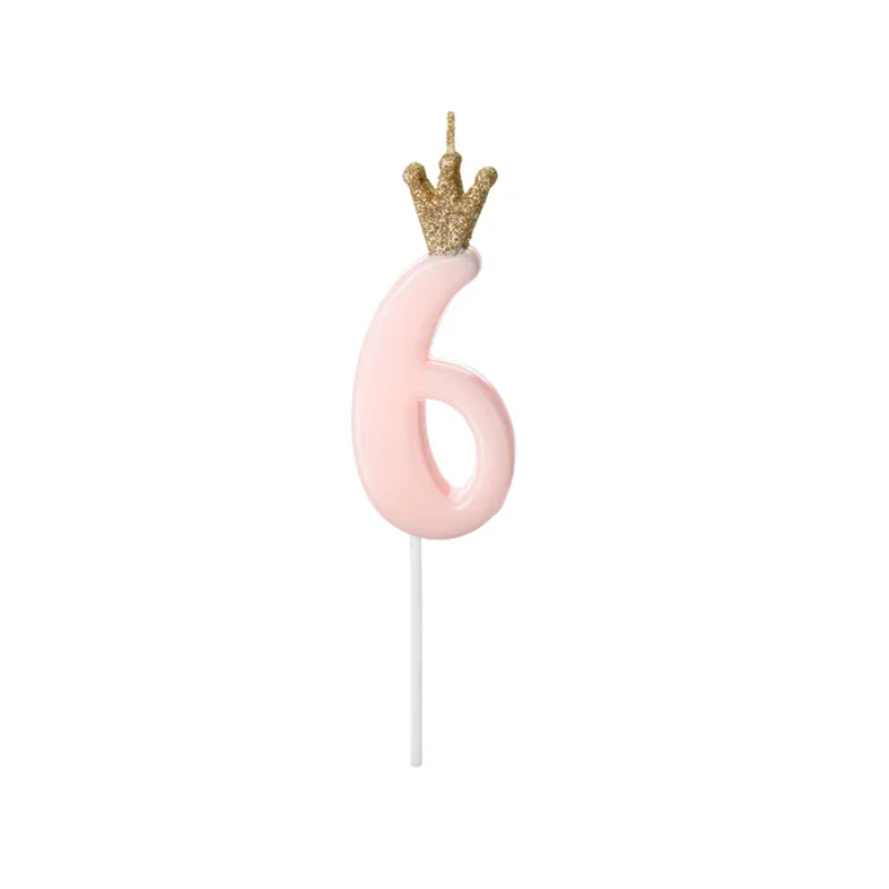 Zahlenkerze Zahl 6 mit Krone Rosa