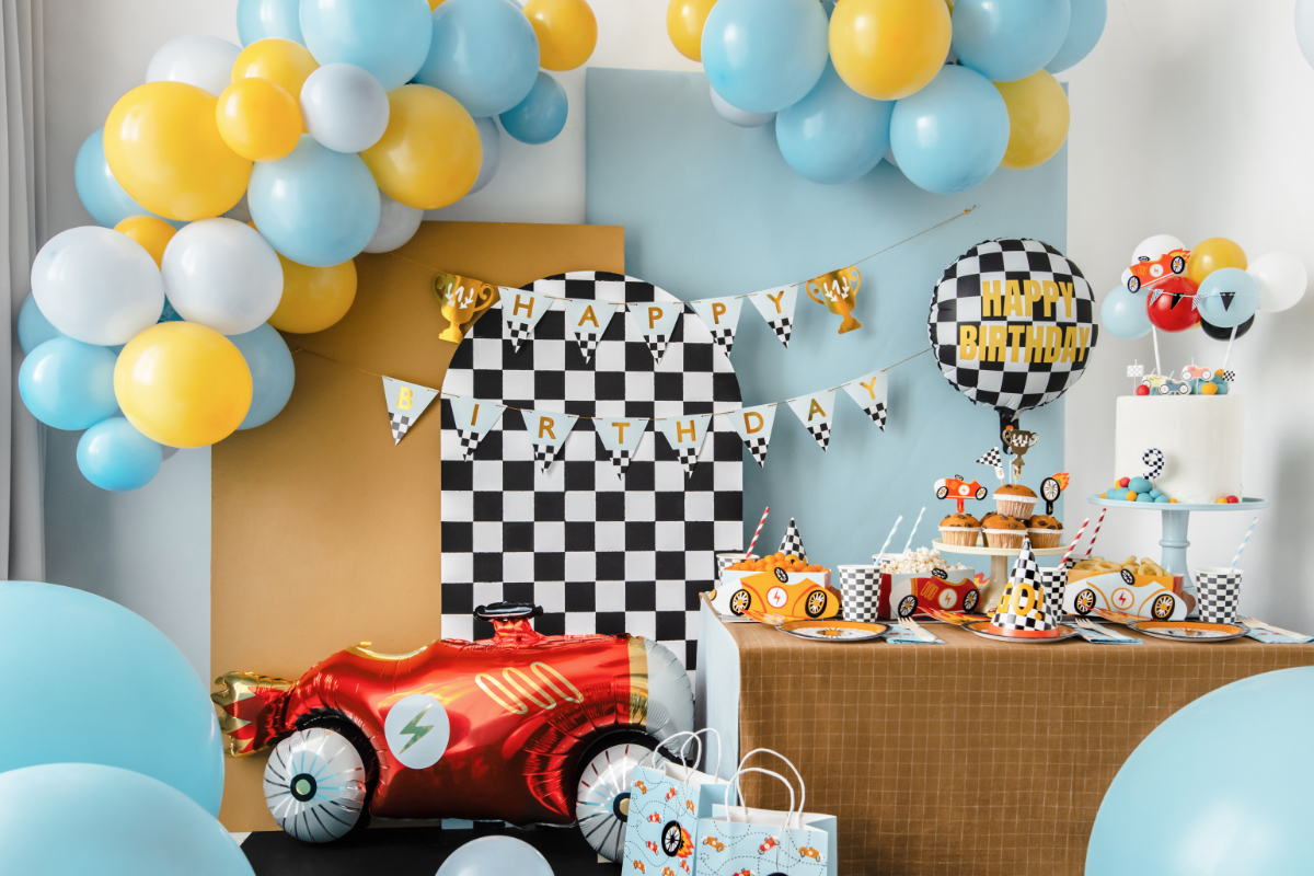 balloons, checkered, birthday, car-themed, cake