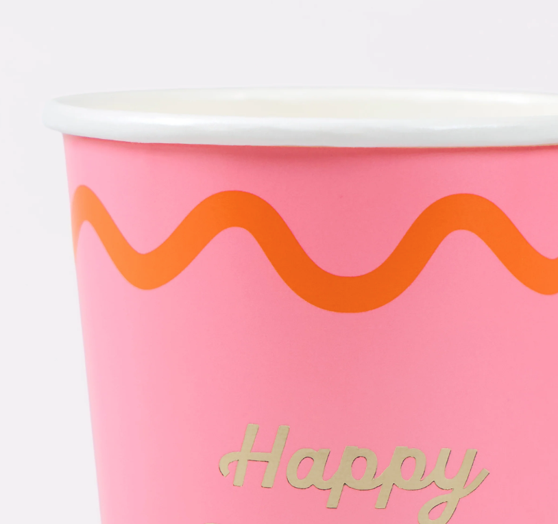 pinkes Becher, orange Wellen, Muster Becher, Dekorationsbecher, Happy Schriftzug