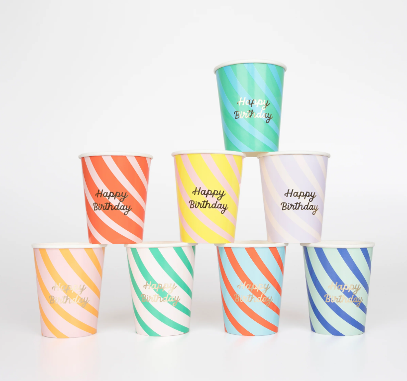 Birthday cups, Striped cups, Paper cups, Multi-color, Happy Birthday