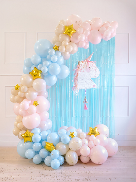 Ballonbogen, Einhorn-Hintergrund, Pastellfarben, Goldene Sternballons, Hängender Fransen-Hintergrund