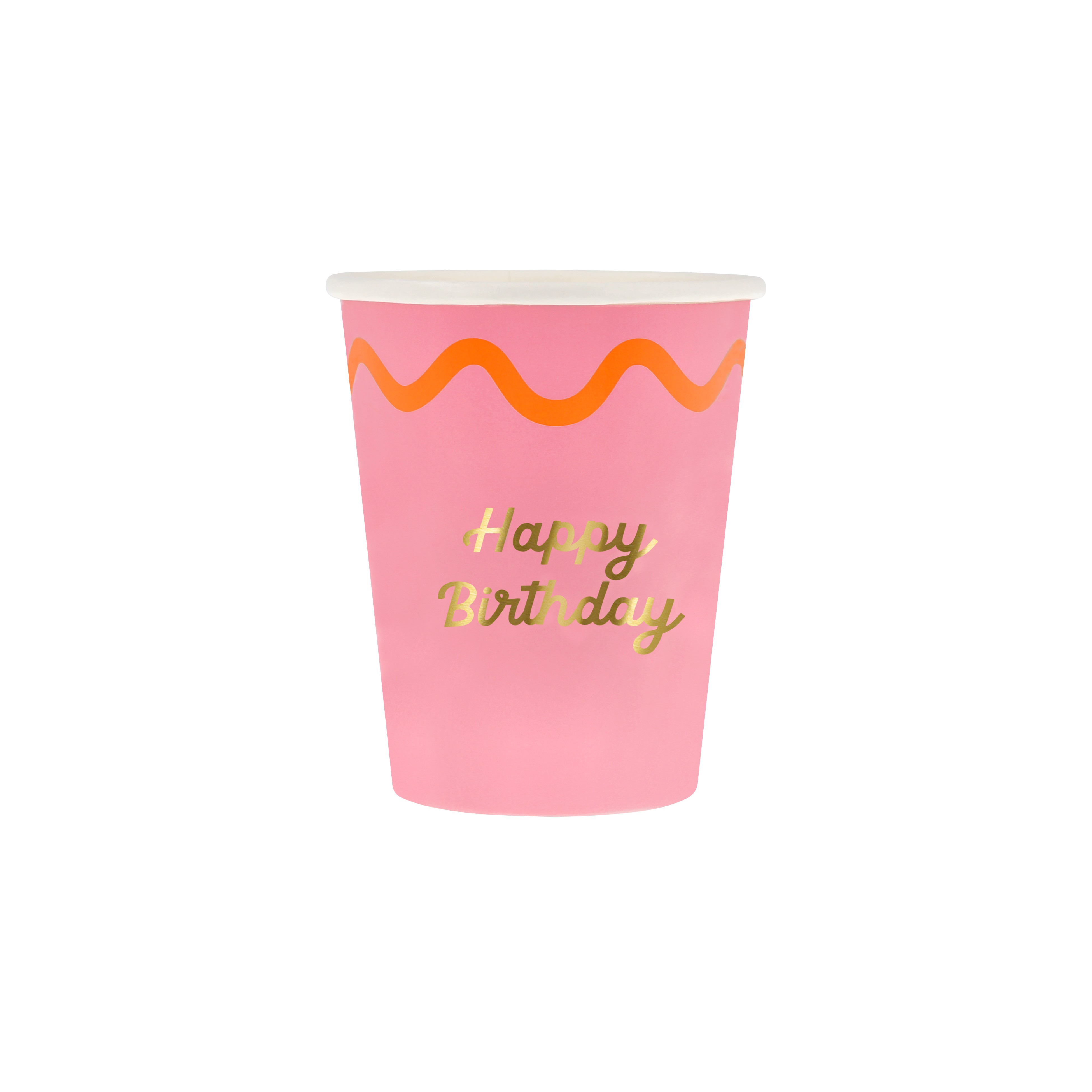 Pappteller, Birthday Cup, Pinkes Becher, Goldene Beschriftung, Dekorative Tasse