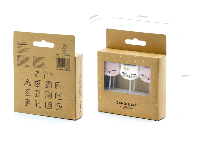 Candle set, Party-Dekomaterial, Keksenaufsätze, Katzengesichter, Holzverpackung