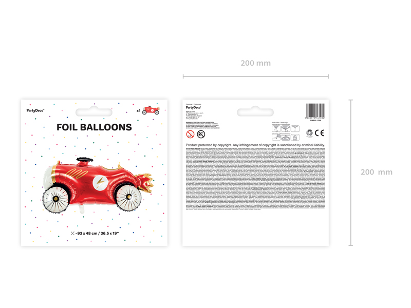 foil balloons, car balloon, red car, dot pattern, 200mm square