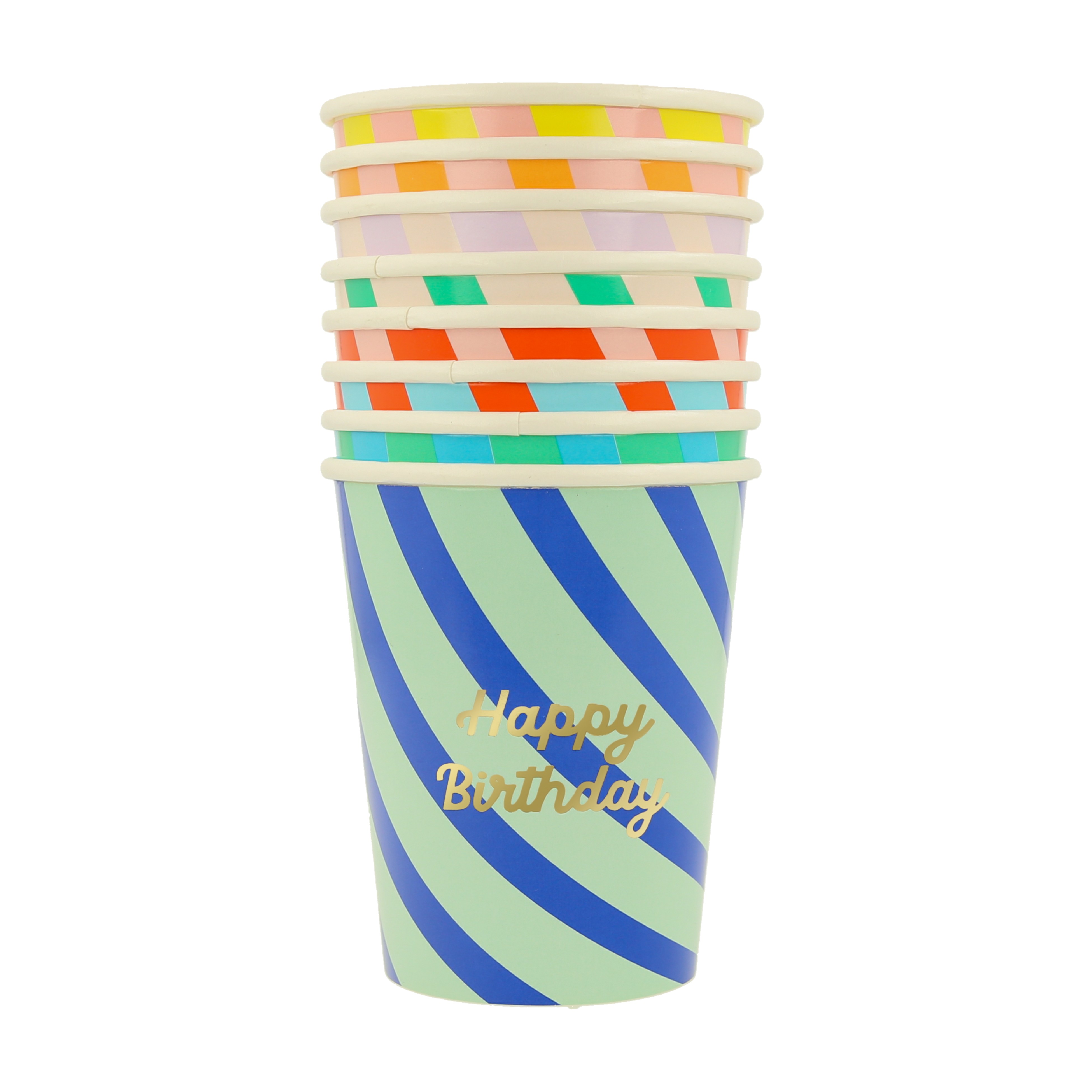 Birthday-Becher, Pappbecher, bunte Streifen, gestapelte Becher, Happy Birthday