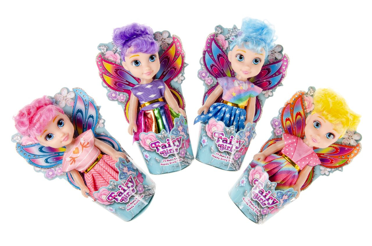 Feenpuppe, Puppe mit Flügeln, bunte Haare, Feenkostüm, Spielzeugpuppe