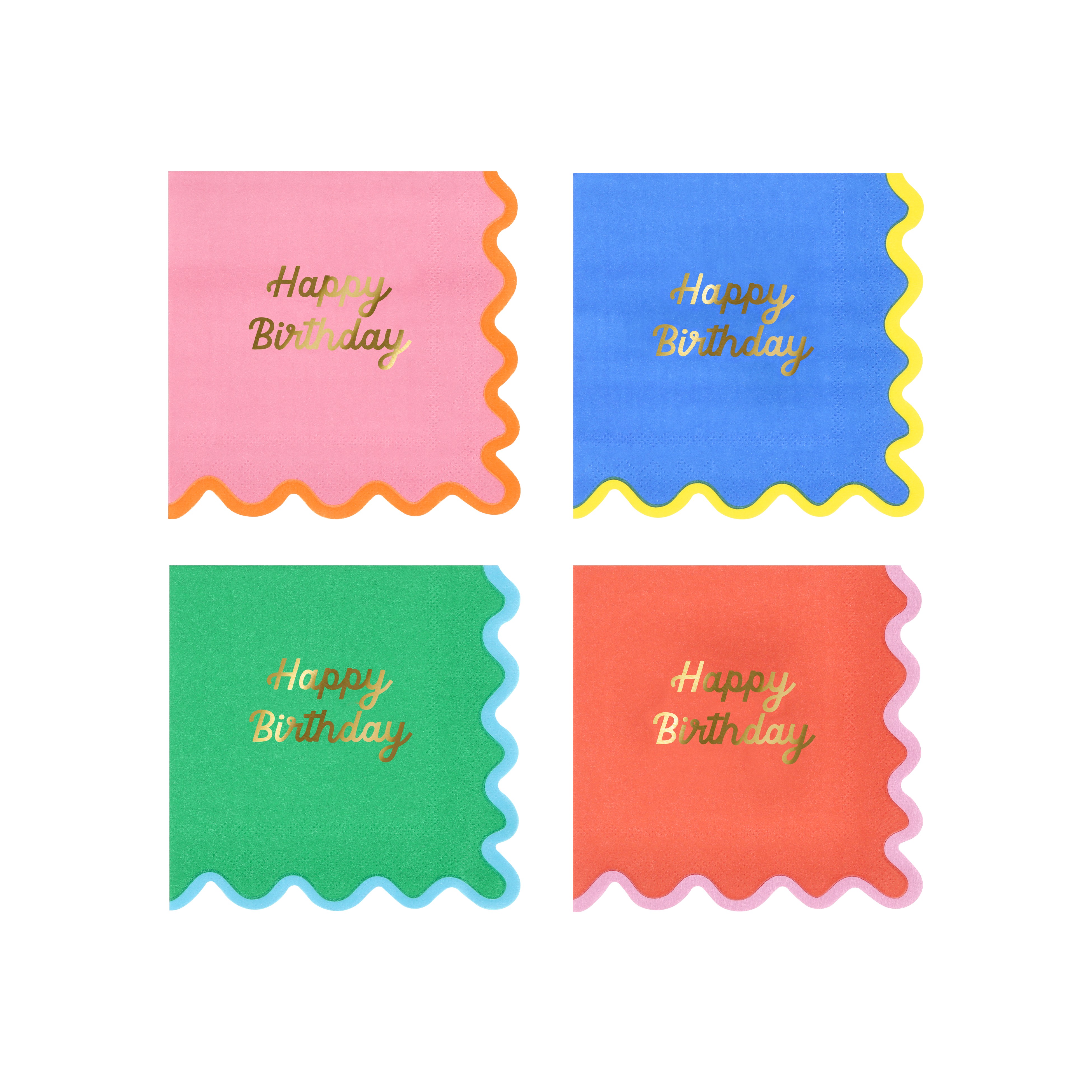 birthday napkin, bunte serviette, goldener text, gezackter rand, vierer-set