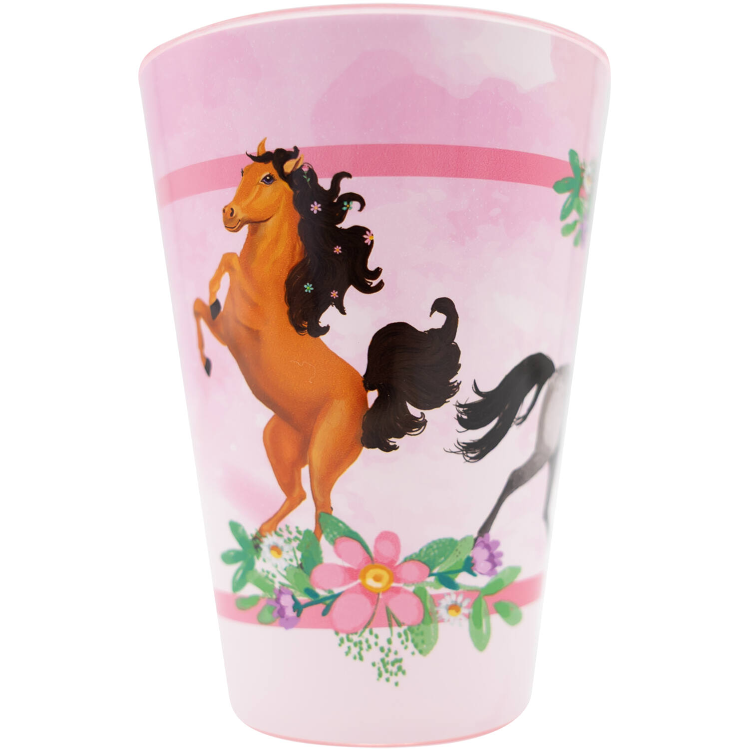Kinderbecher, Pferd, Pinke Farbgebung, Blumenmuster, Becher aus Kunststoff