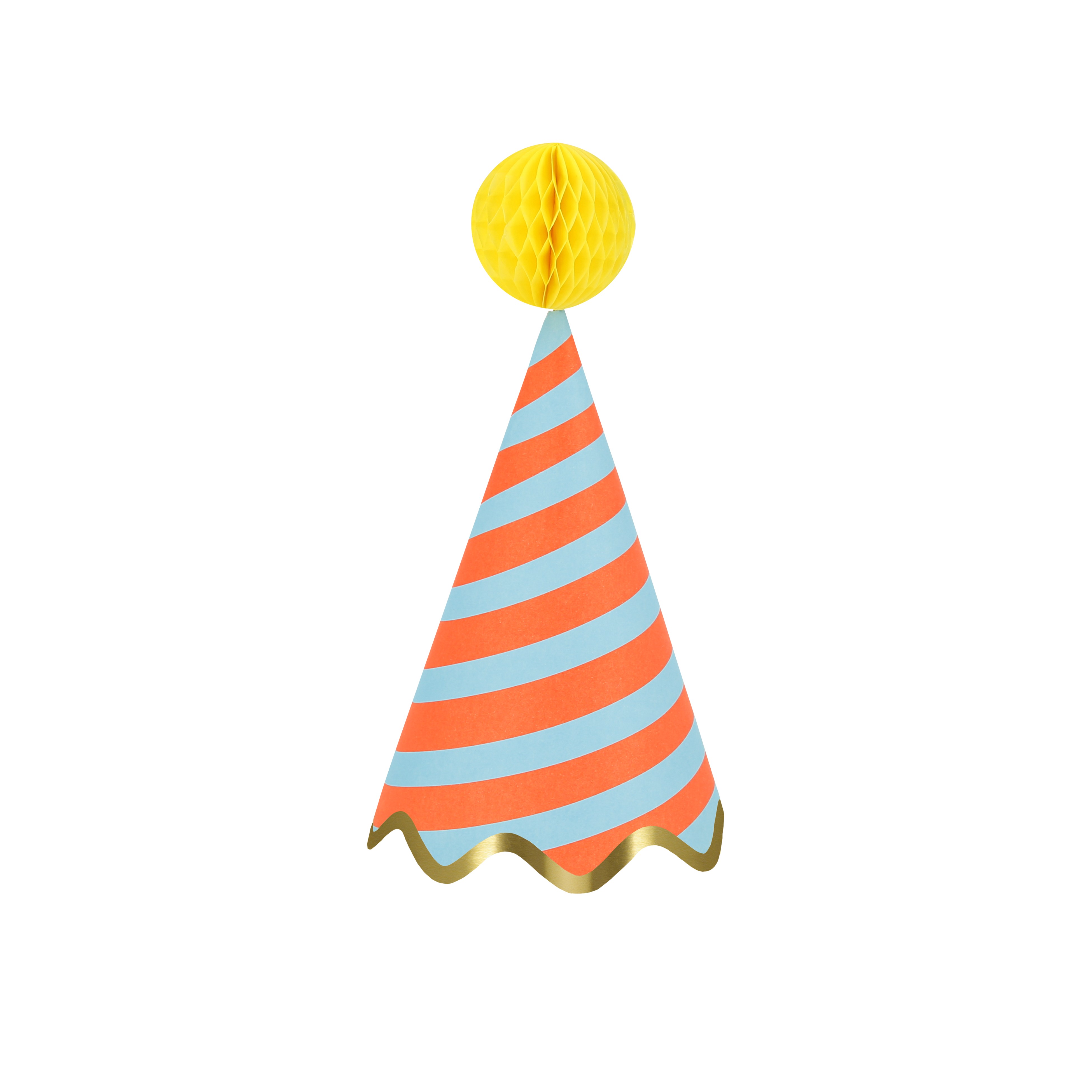 Partyhut, Kegelhut, Gestreift, Gelber Ball, Goldrand
