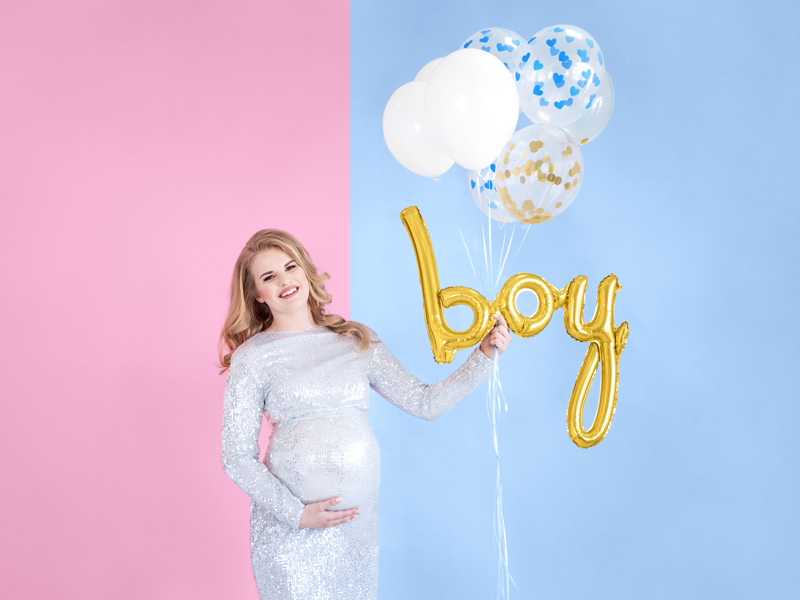 baby shower, balloons, balloon letters, pregnant woman, silver dress