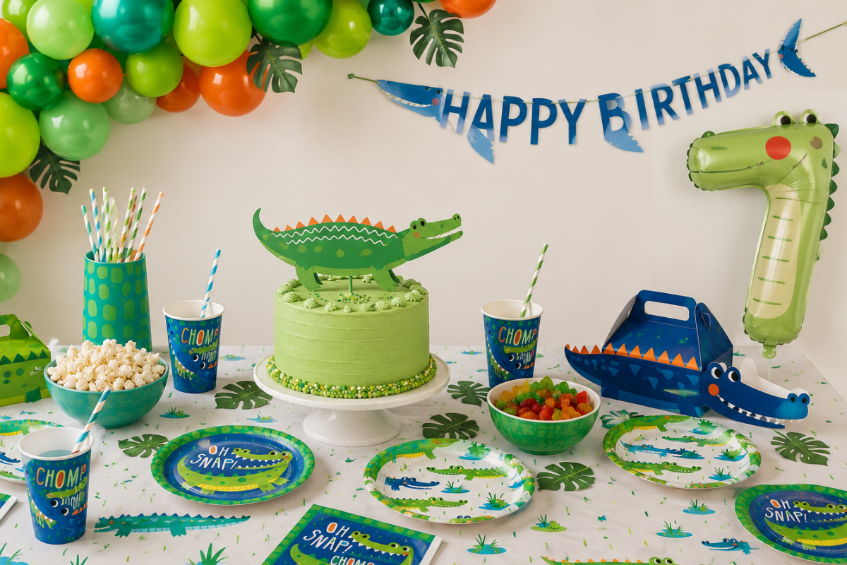 birthday, party, crocodile, gruen, ballons