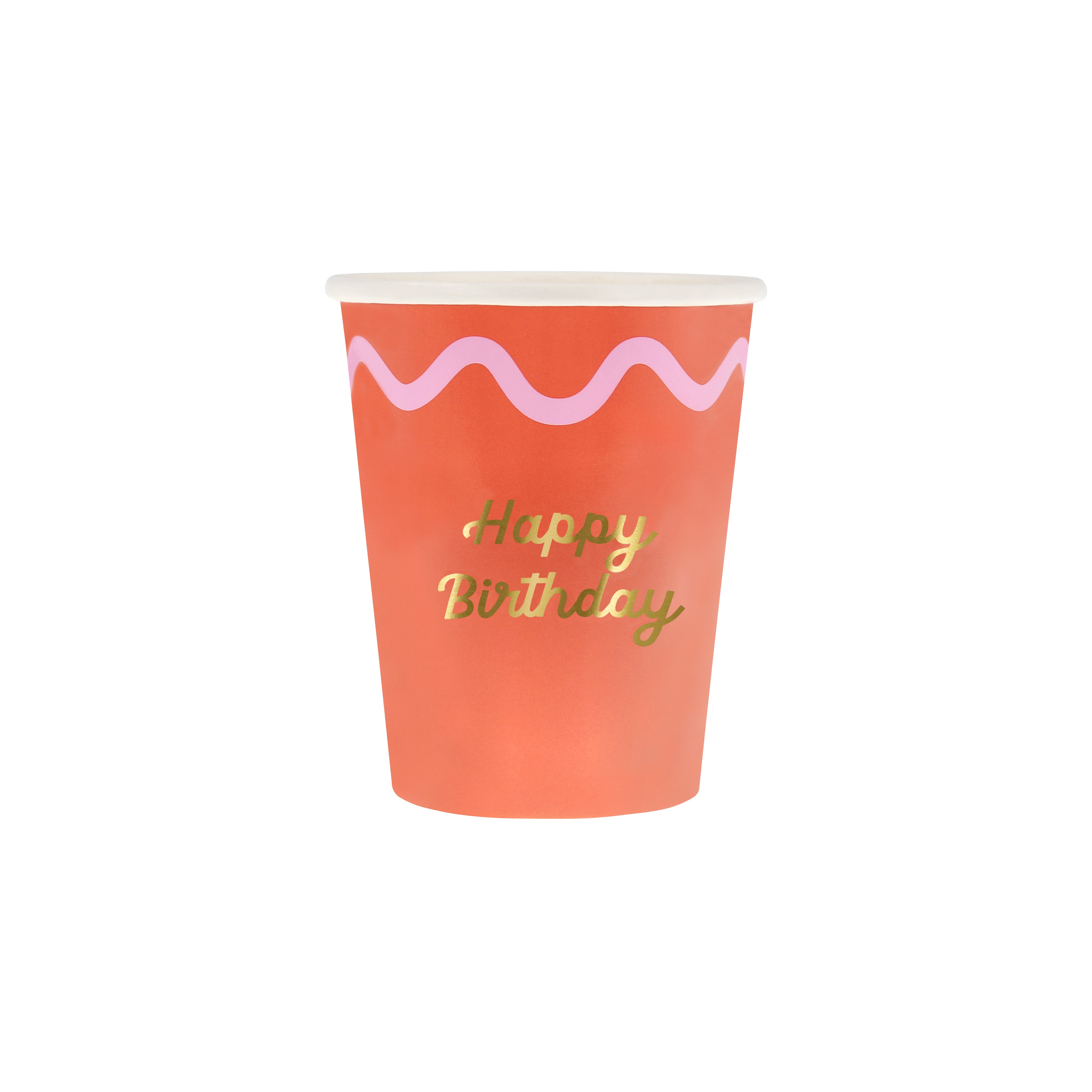Birthdaybecher, Pappbecher, Rosa Wellenmuster, Goldener Schriftzug, Party-Dekoration