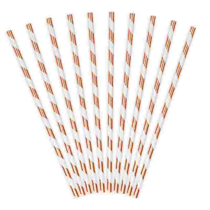 Papiertrinkhalme Rosegold gestreift, 10 Stk.