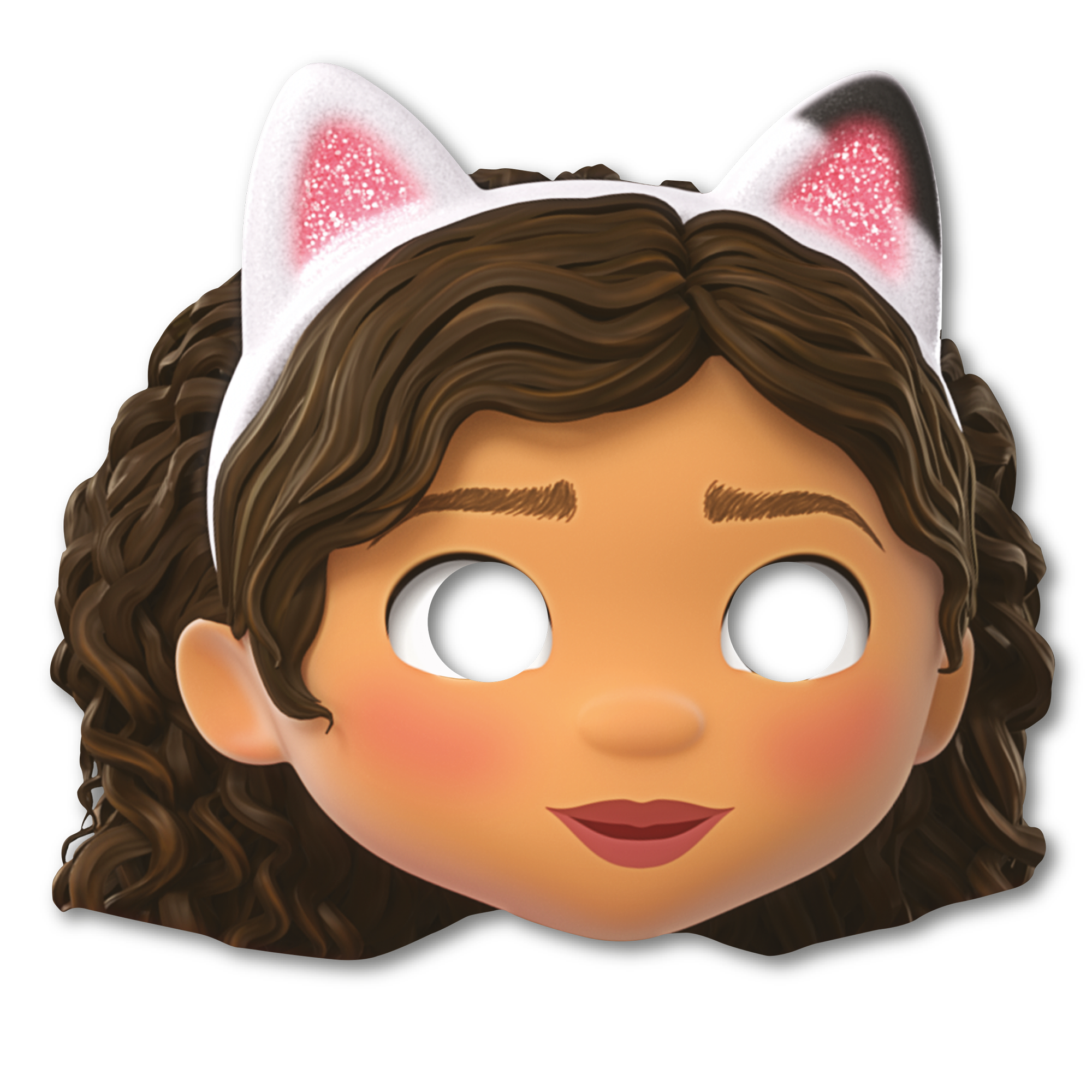 Cartooner Kopf, Mädchen-Emoji, Katzenohren, Lockiges Haar, Rote Wangen