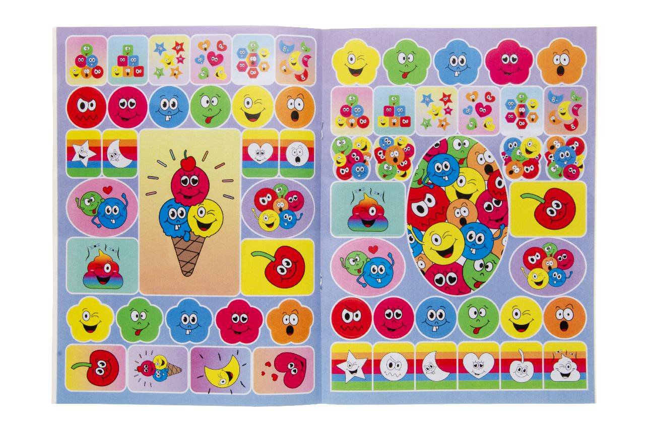 Stickerblatt, Comic-Gesichter, Eistüte, Emoji-Symbole, Bunte Formen