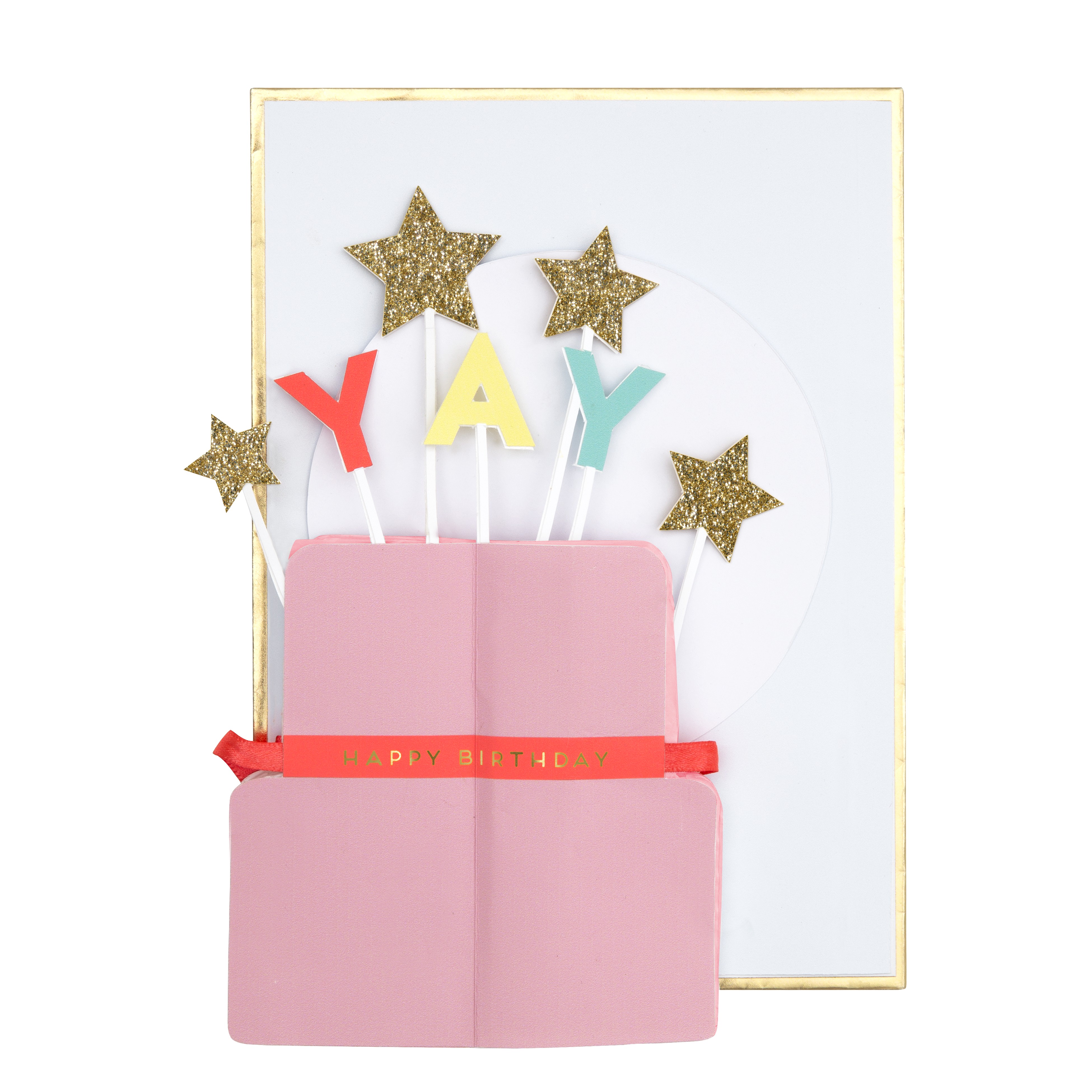 kuchenkarte, geburtstag, rosafarbene torte, glitzer sterne, bunte buchstaben