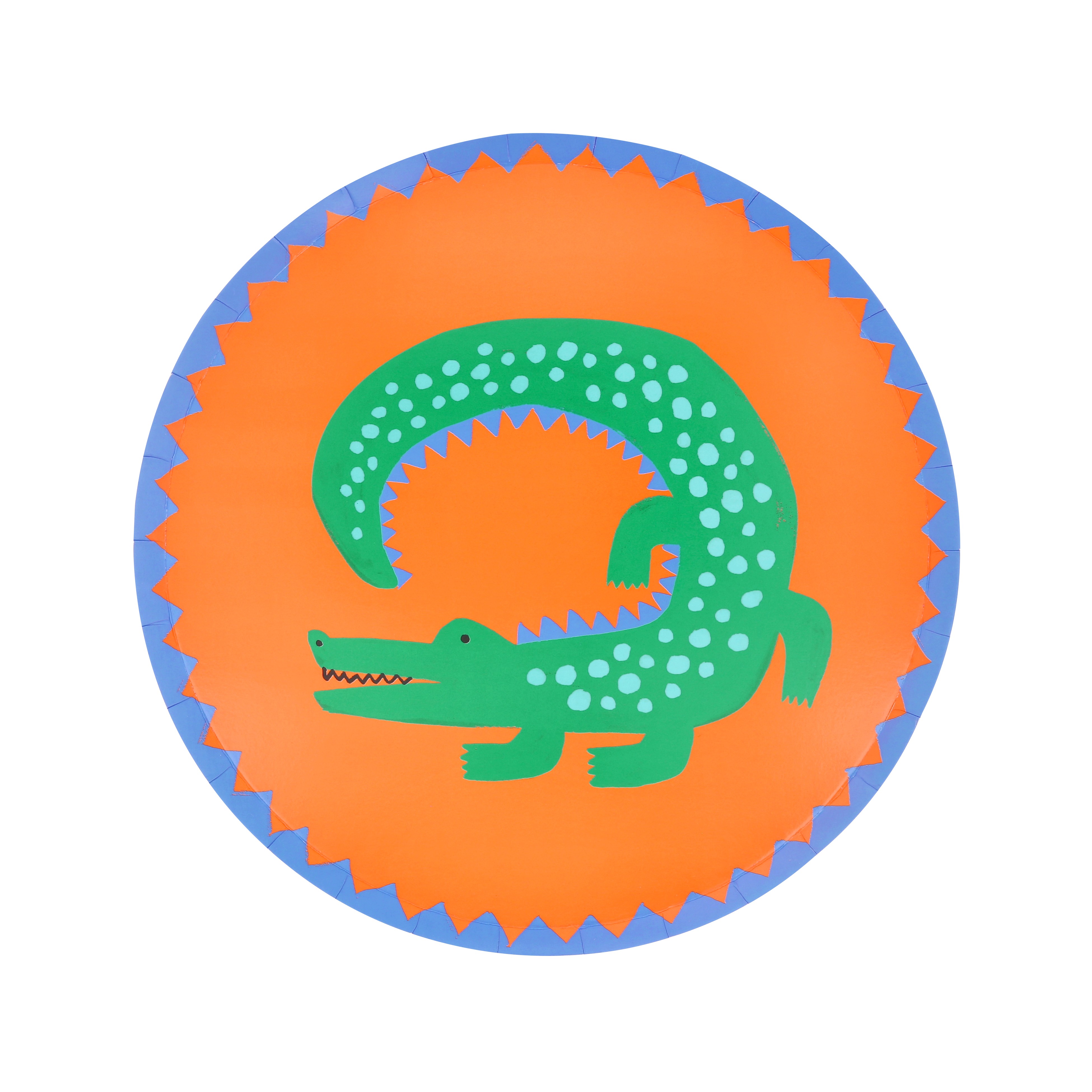 alligator, crocodile, runder teller, oranger hintergrund, grünes tier