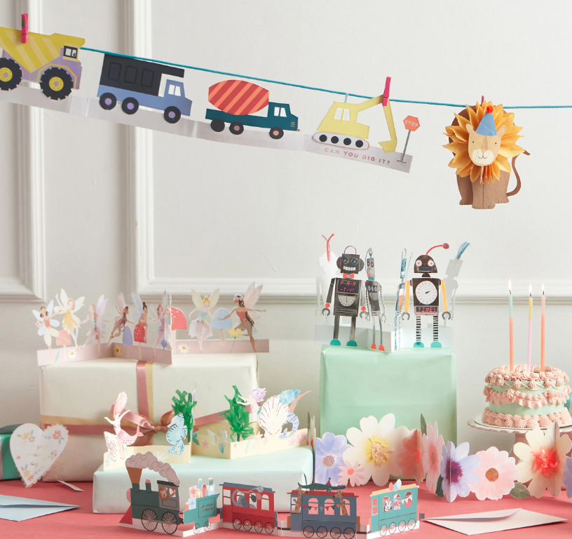 Geschenkdeko, Kindergeburtstag, Motivpapier, Papierfiguren, Kuchen-Deko
