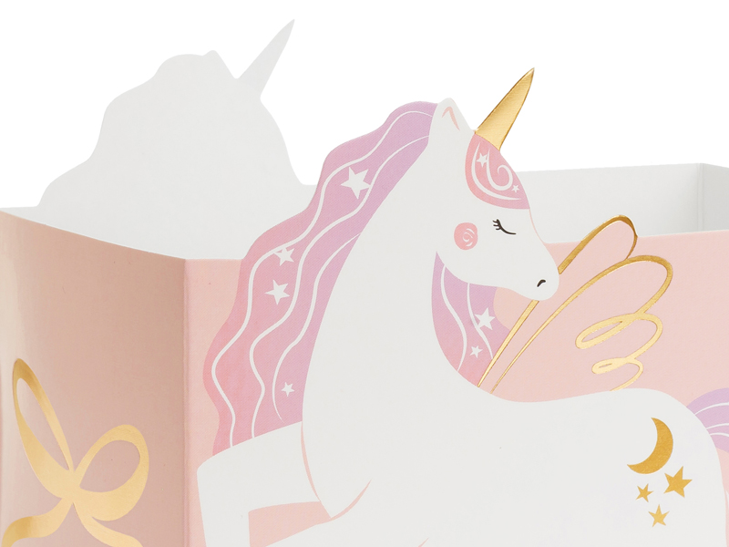 einhorn, einhorn-illustration, rosa farben, geschenkbox, sterne