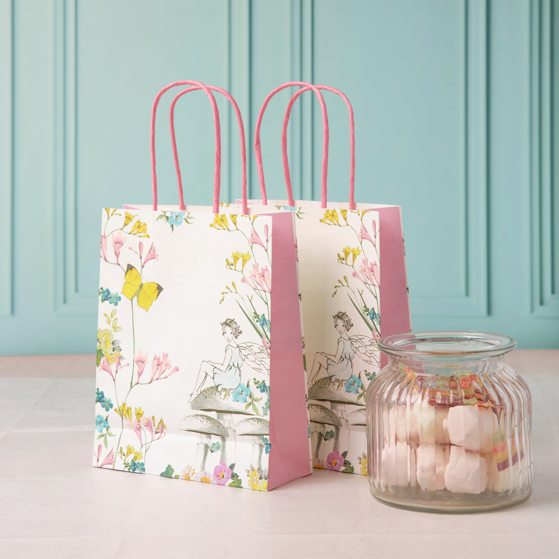 Geschenkverpackung, Papiertragetasche, Blumenmuster, Pastellfarben, Schachtelhalter